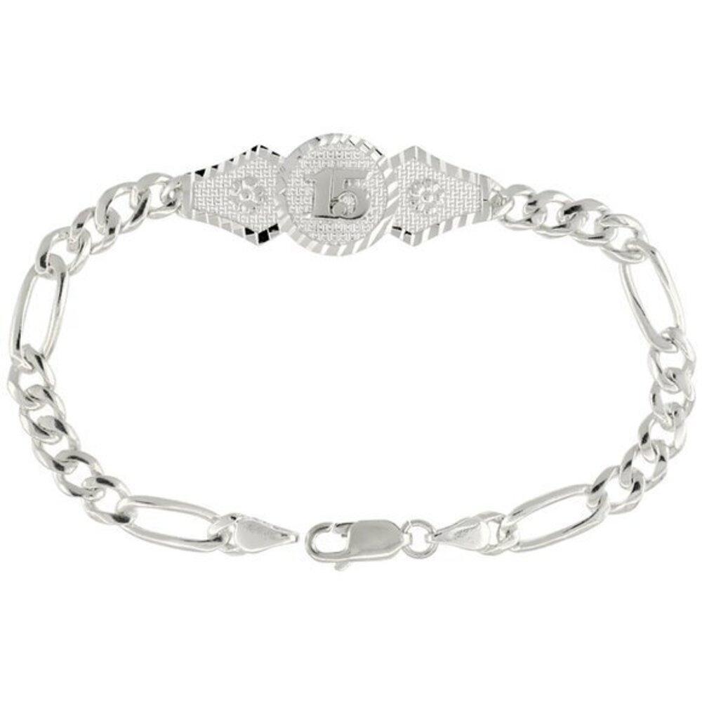 Sterling Silver Quinceanera Bracelet for Girls with Figaro Links Diamond Cut 7"